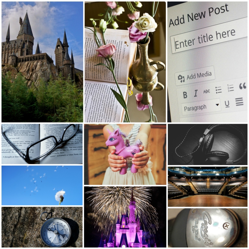 Hogwarts, My Little Pony, Disney, theater, blogging, books, roses, compass, blue sky, music, dance